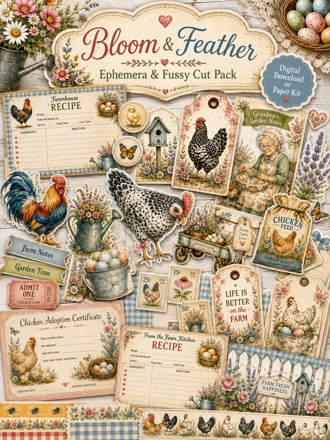 Bloom and Feather Ephemera and Fussy Cut Pack featuring layered chicken, floral, farmhouse, tag, card, ticket, and journaling embellishments.