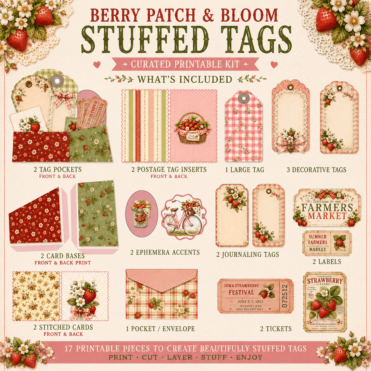 FREE Berry Patch & Bloom Stuffed Tags Printable Kit | Strawberry Junk Journal Freebie