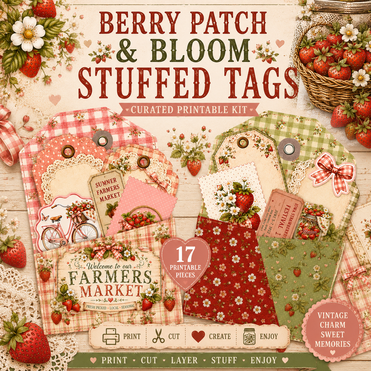 FREE Berry Patch & Bloom Stuffed Tags Printable Kit | Strawberry Junk Journal Freebie