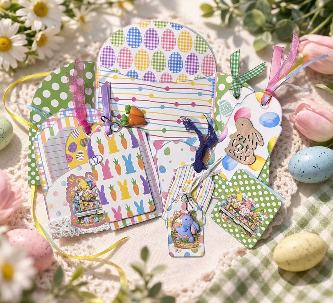 Pastel Easter junk journal loaded tag kit displayed on a rustic wood slice with lace doily, spring flowers, and colorful patterned tags with ribbons and gnome embellishments