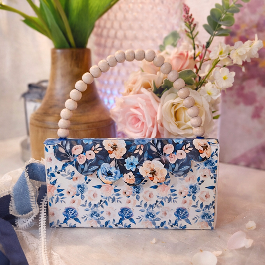 Something Borrowed, Something Blue wedding accordion journal with floral handbag cover and wooden bead handle