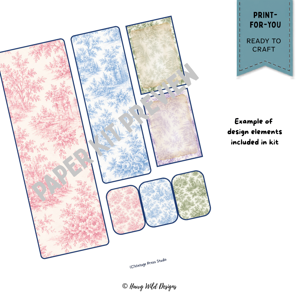 Pink blue green and lavender vintage toile paper designs included in the Toile-O-Ween Halloween paper craft kit