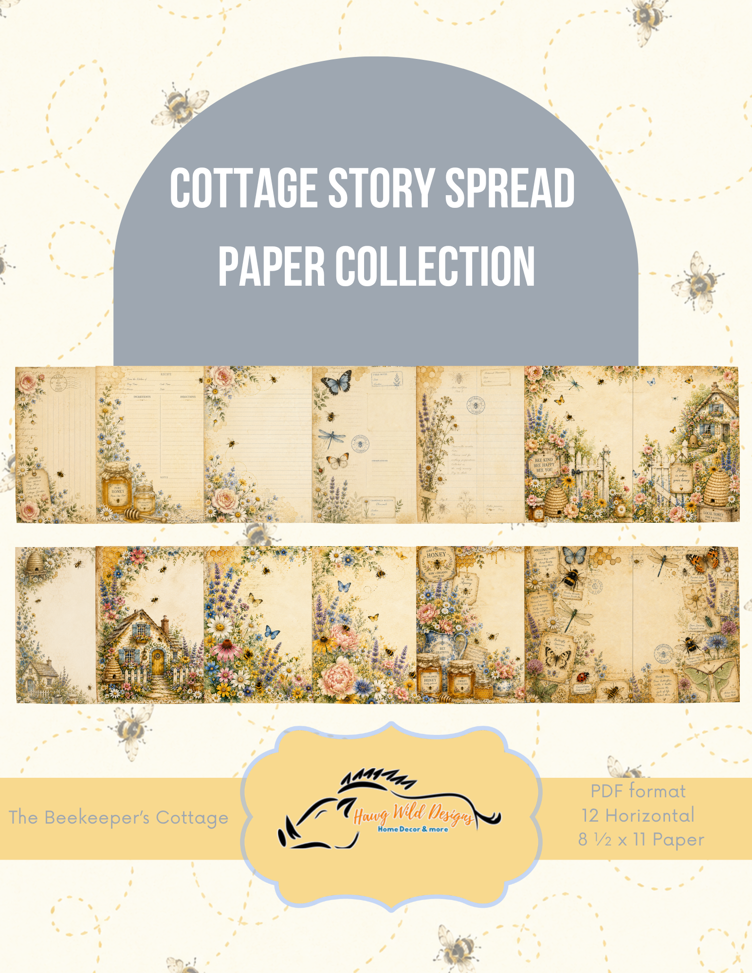 Cottage Story Spread Paper Collection featuring 12 printable horizontal journal spreads with cottages, bees, wildflowers, butterflies, vintage botanicals, and honey-inspired artwork.