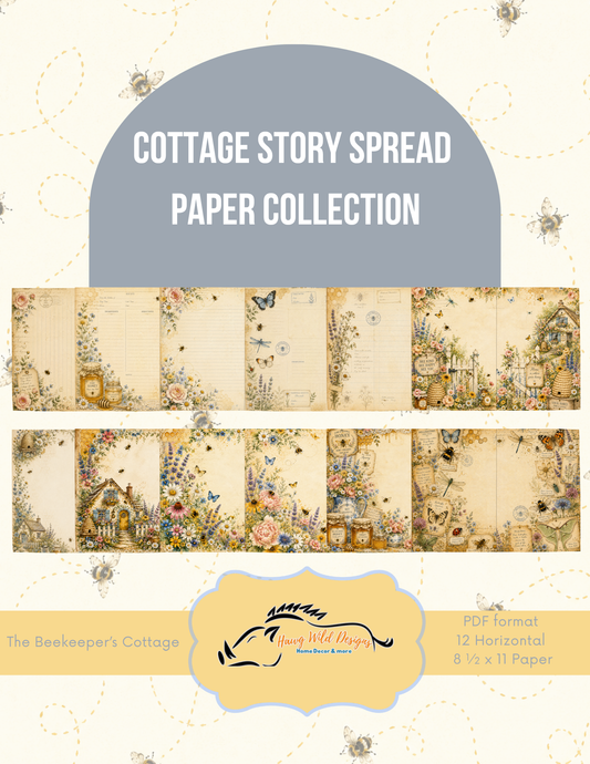 Cottage Story Spread Paper Collection featuring 12 printable horizontal journal spreads with cottages, bees, wildflowers, butterflies, vintage botanicals, and honey-inspired artwork.