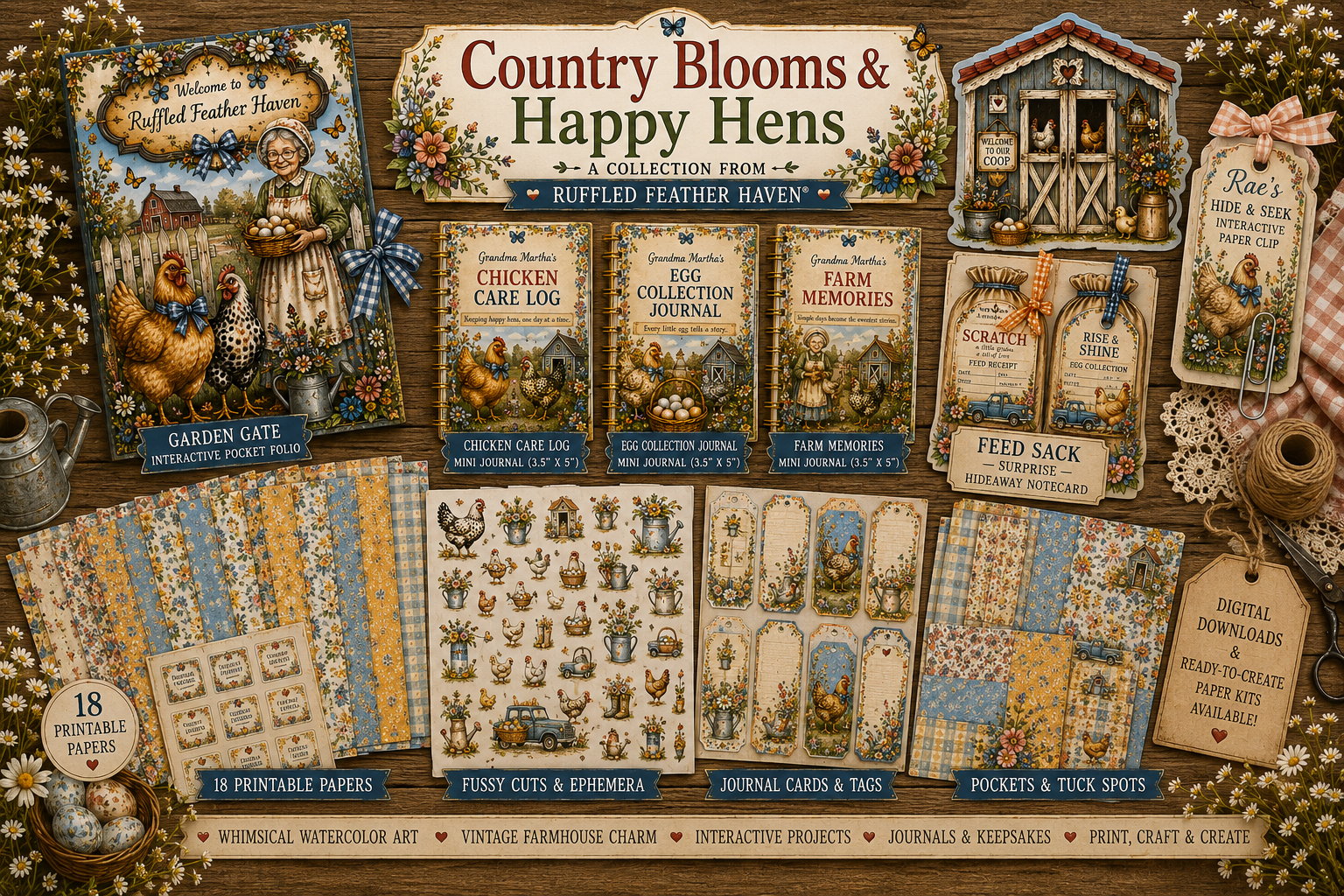 Country Blooms & Happy Hens collection overview featuring the Garden Gate Interactive Pocket Folio, Little Blue Coop, Feed Sack Hideaway Notecard, mini journals, printable papers, journal cards, tags, pockets, tuck spots, and farmhouse-inspired paper crafting supplies.