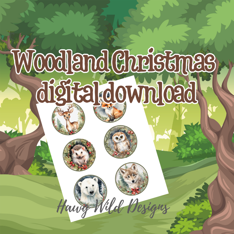 Woodland Christmas digital download preview showing six printable round ornament designs including a deer, fox, owl, hedgehog, wolf pup, and polar bear on a forest background with the text ‘Woodland Christmas digital download – Hawg Wild Designs.’