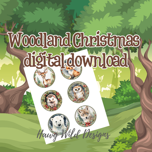 Woodland Christmas digital download preview showing six printable round ornament designs including a deer, fox, owl, hedgehog, wolf pup, and polar bear on a forest background with the text ‘Woodland Christmas digital download – Hawg Wild Designs.’