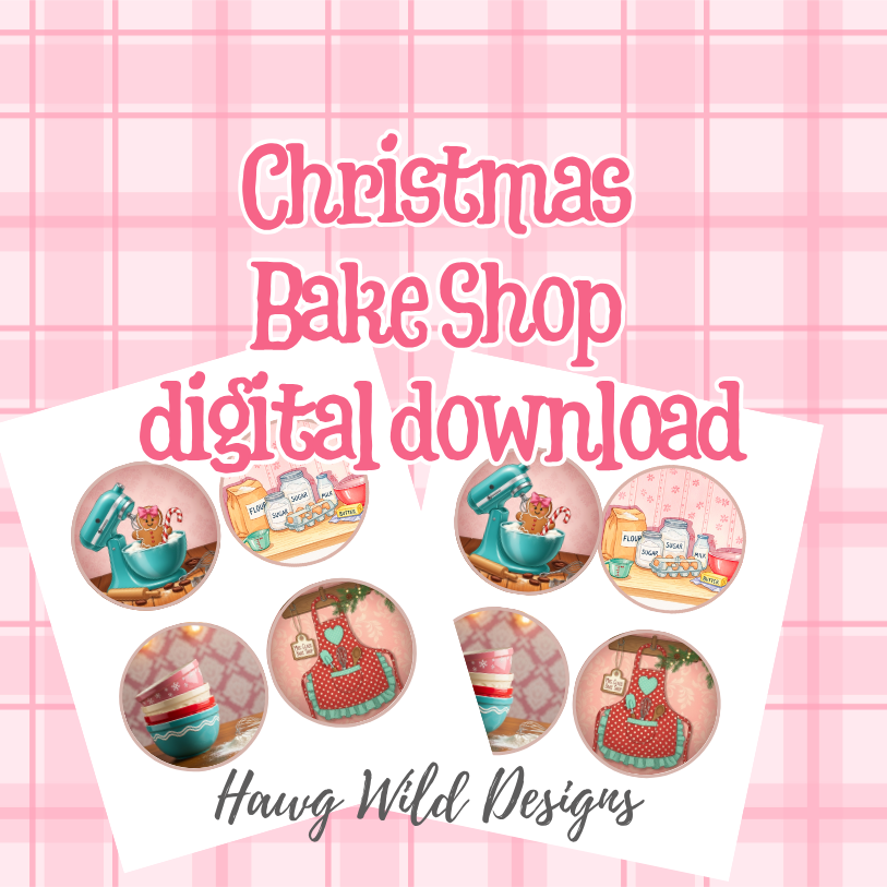 Christmas Bake Shop digital download preview image showing printable pink holiday baking-themed ornament designs including retro mixers, stacked bowls, apron, and kitchen ingredients on a pink plaid background with the text ‘Christmas Bake Shop digital download – Hawg Wild Designs.