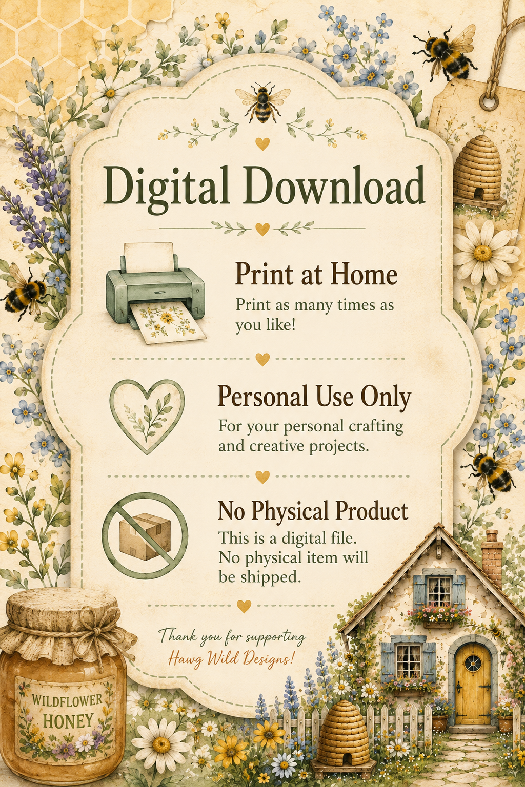 Digital download information graphic for The Beekeeper's Cottage printable collection explaining print at home, personal use only, and no physical product will be shipped.