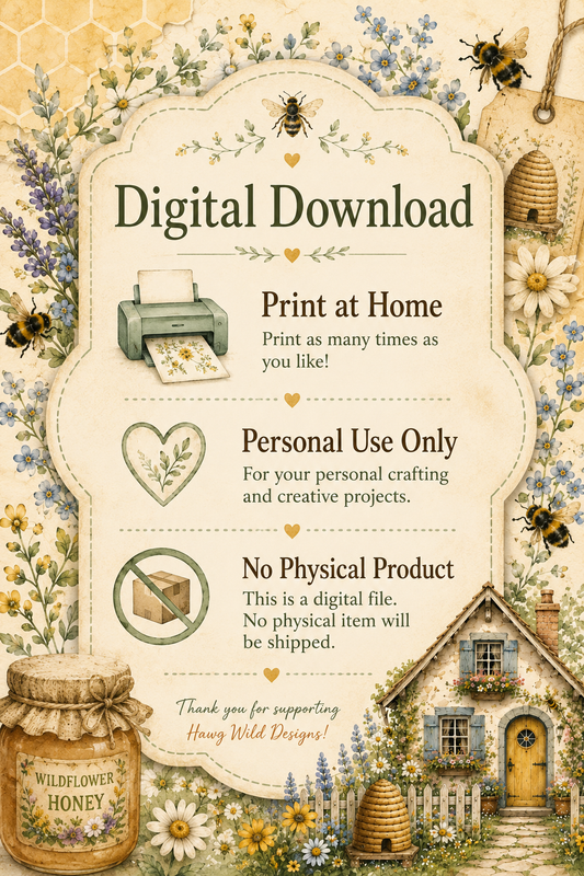 Digital download information graphic for The Beekeeper's Cottage printable collection explaining print at home, personal use only, and no physical product will be shipped.