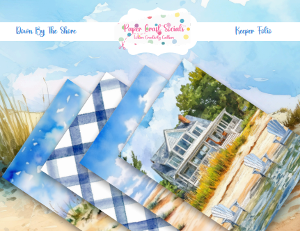 Down By The Shore printable memory keeper folio kit with watercolor beach house, blue gingham patterns, ocean scenes, and coastal junk journal pages by Paper Craft Socials