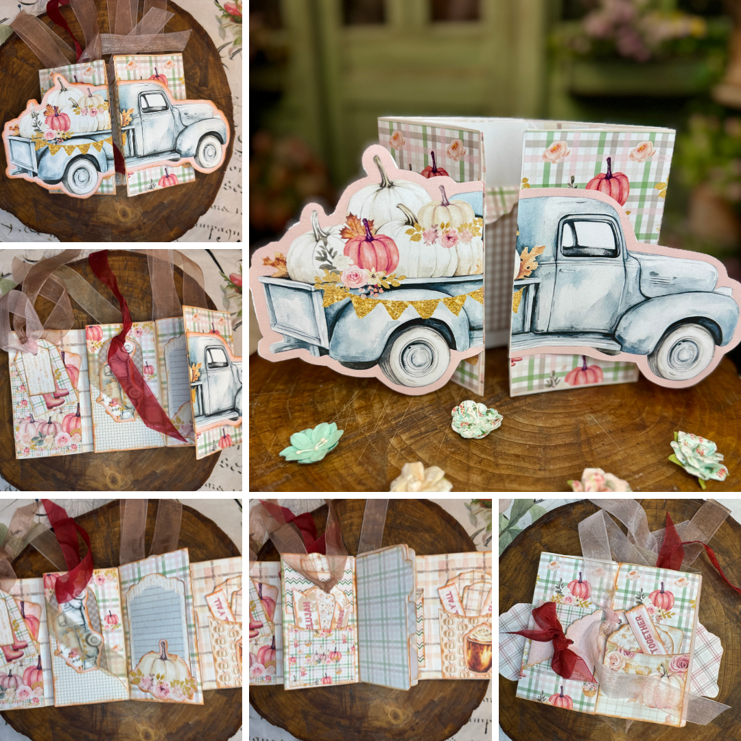 Fall pocket folio showing vintage truck cover, foldout pages, pockets, tags, and ribbon embellishments