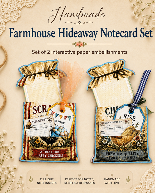 Farmhouse Hideaway Notecard Set featuring two handmade chicken feed sack designs with pull-out lined note inserts, coordinating tags, a feed receipt, egg collection log, ribbon accents, and rustic floral details.