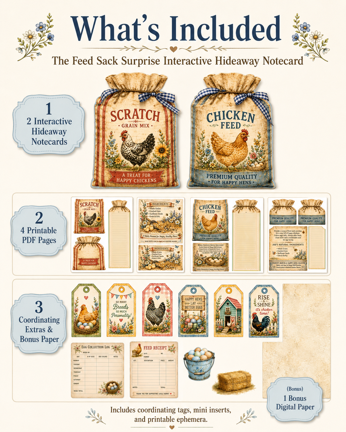 What’s included graphic for The Feed Sack Surprise Interactive Hideaway Notecard showing two chicken feed sack notecards, four printable PDF pages, six coordinating tags, egg collection and feed receipt inserts, egg bucket and hay bale ephemera, plus one bonus digital paper.