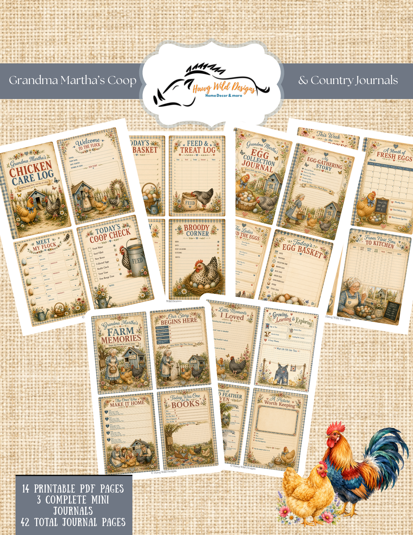 Digital download with 14 printable PDF pages for three chicken and farmhouse mini journals.