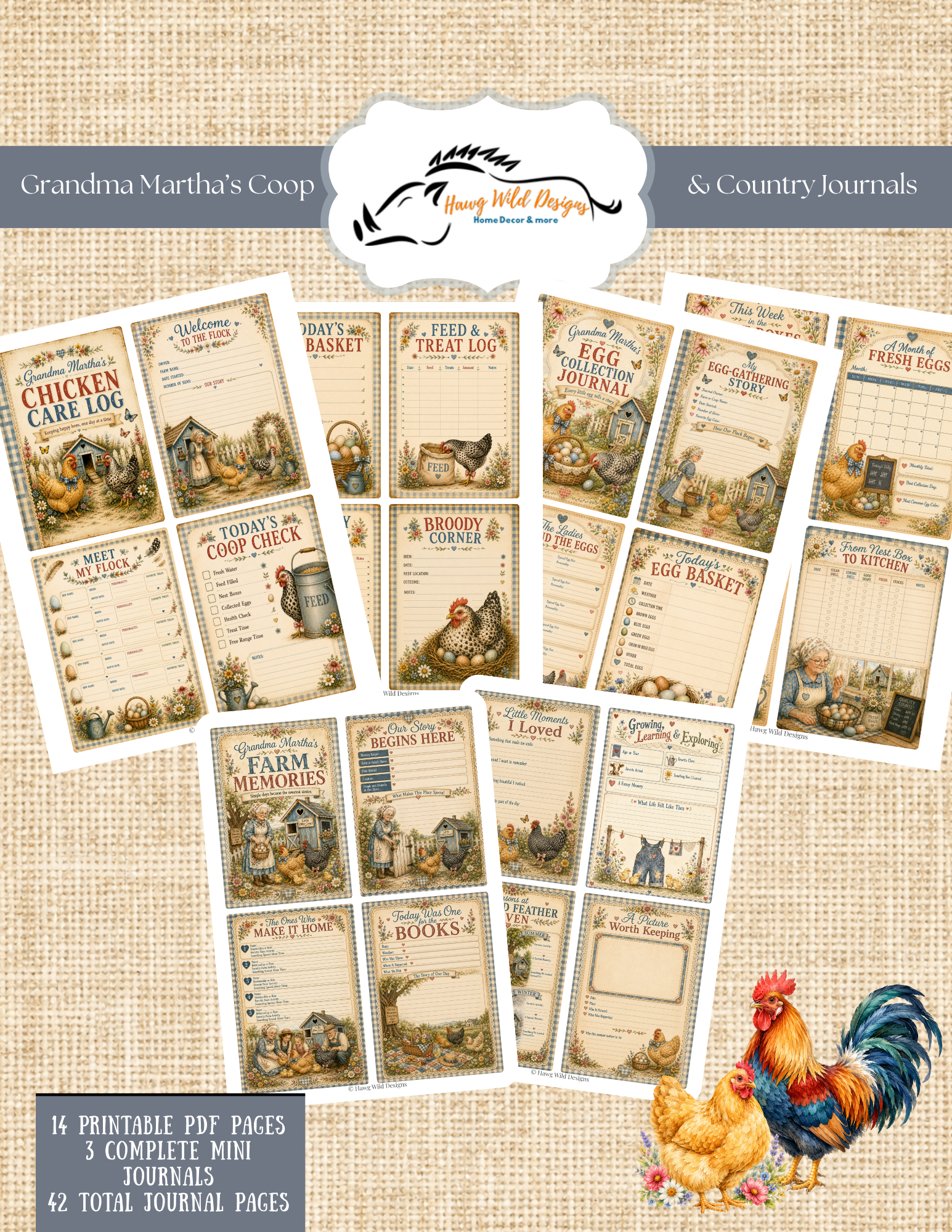 Digital download with 14 printable PDF pages for three chicken and farmhouse mini journals.