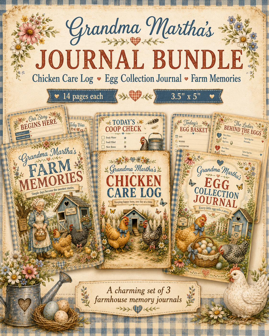 Grandma Martha’s Coop and Country Journals bundle with Chicken Care Log, Egg Collection Journal, and Farm Memories.