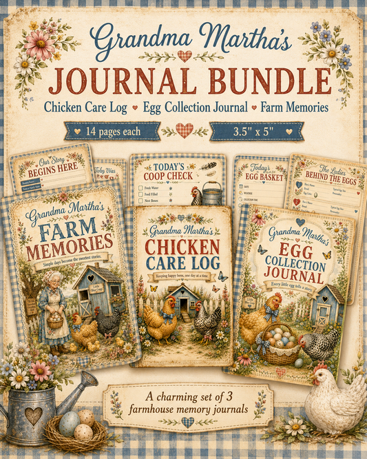 Grandma Martha’s Coop and Country Journals bundle with Chicken Care Log, Egg Collection Journal, and Farm Memories.