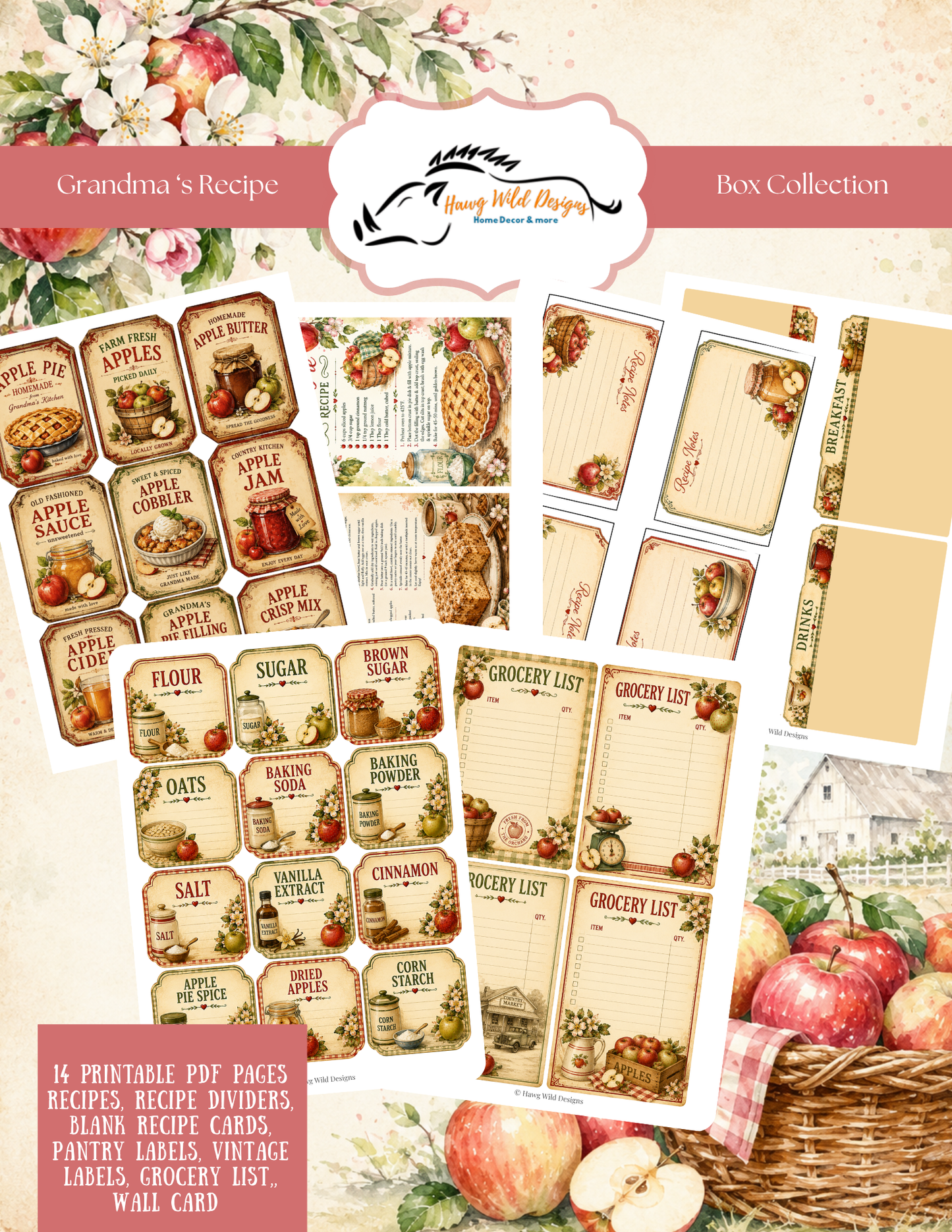 Grandma’s Recipe Box printable collection featuring vintage apple recipe cards, pantry labels, grocery lists and recipe journal pages.