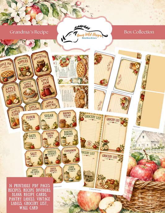Grandma’s Recipe Box printable collection featuring vintage apple recipe cards, pantry labels, grocery lists and recipe journal pages.
