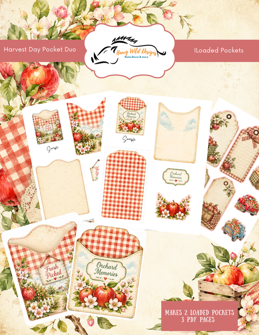 Harvest Day Pocket Duo free printable featuring two loaded pocket designs for junk journals and interactive paper craft projects.