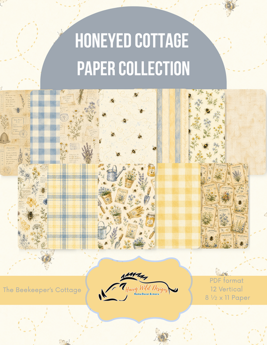 Honeyed Cottage Paper Collection printable featuring 12 coordinated bee-themed papers with vintage botanicals, honey jars, gingham, seed packets, florals, and cottage-inspired designs.