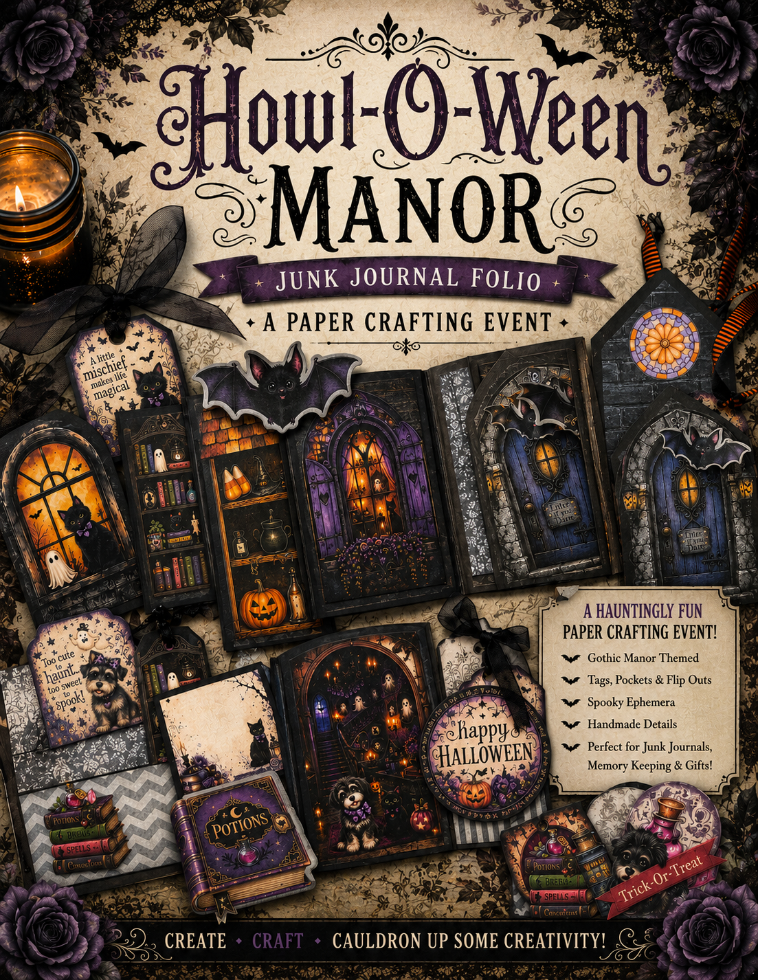 Howl-O-Ween Manor Junk Journal Folio promotional graphic featuring gothic manor pages, bats, tags, pockets, Halloween ephemera, and handmade details.