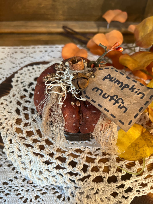 Aromatic Fabric Stuffed Pumpkin Muffins - Primitive Style with Coffee Cinnamon Scent - Unique Embellishments