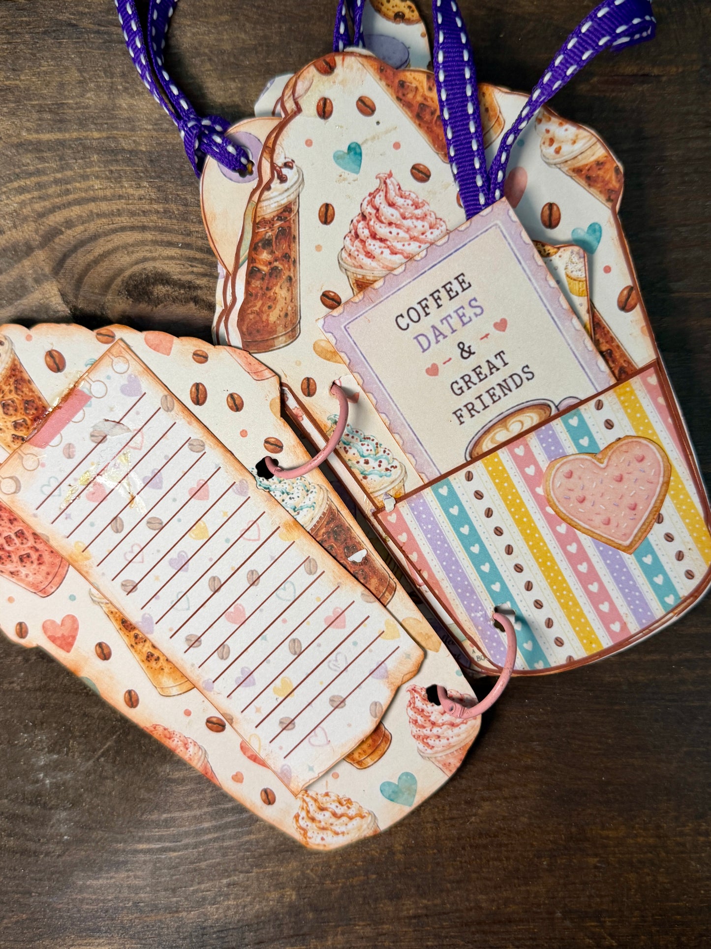 Coffee-themed journal pages with friendship card, pocket, tags, and lined journaling space