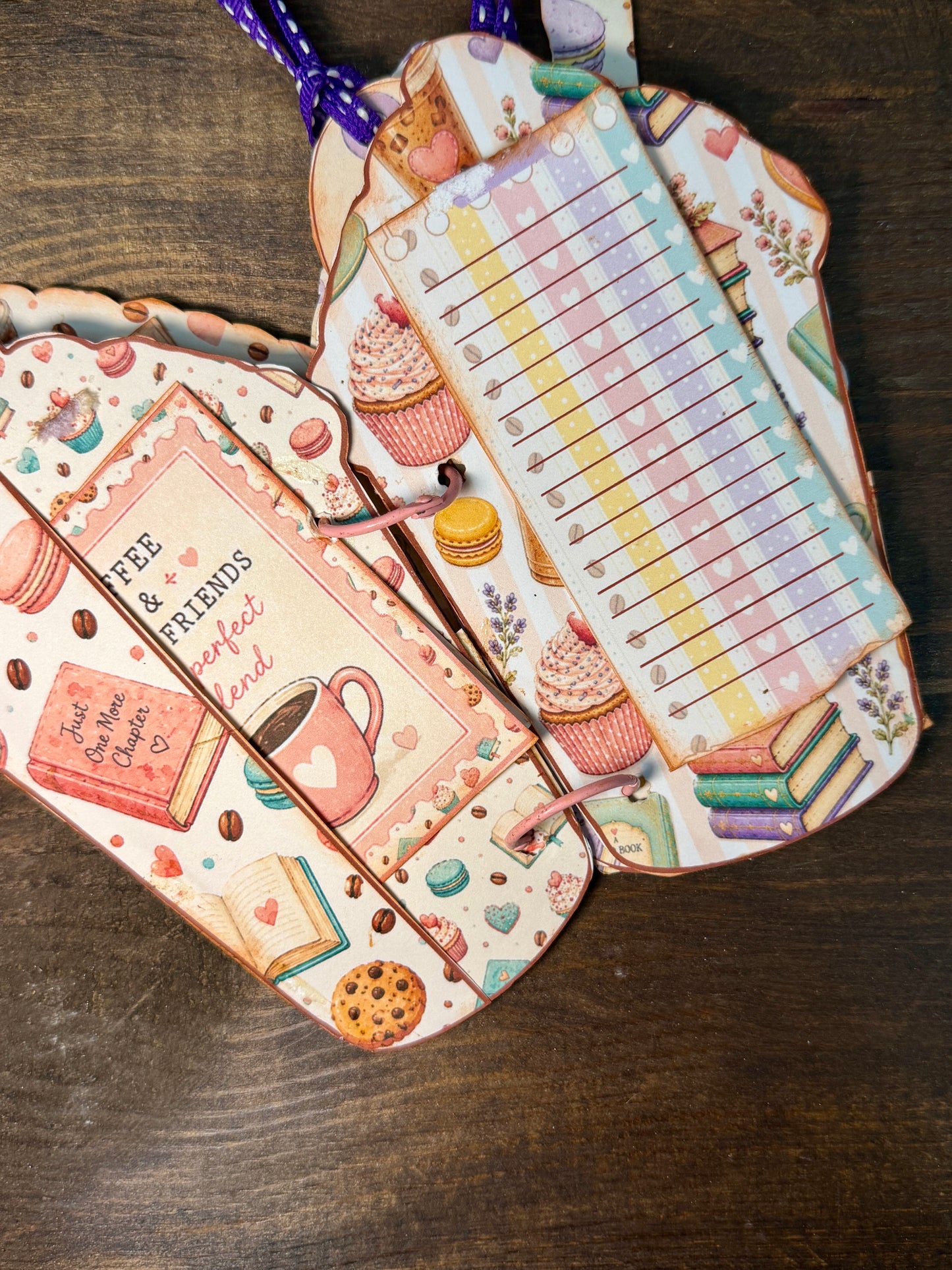 Pastel coffee and book journal pages with pockets and writing tags