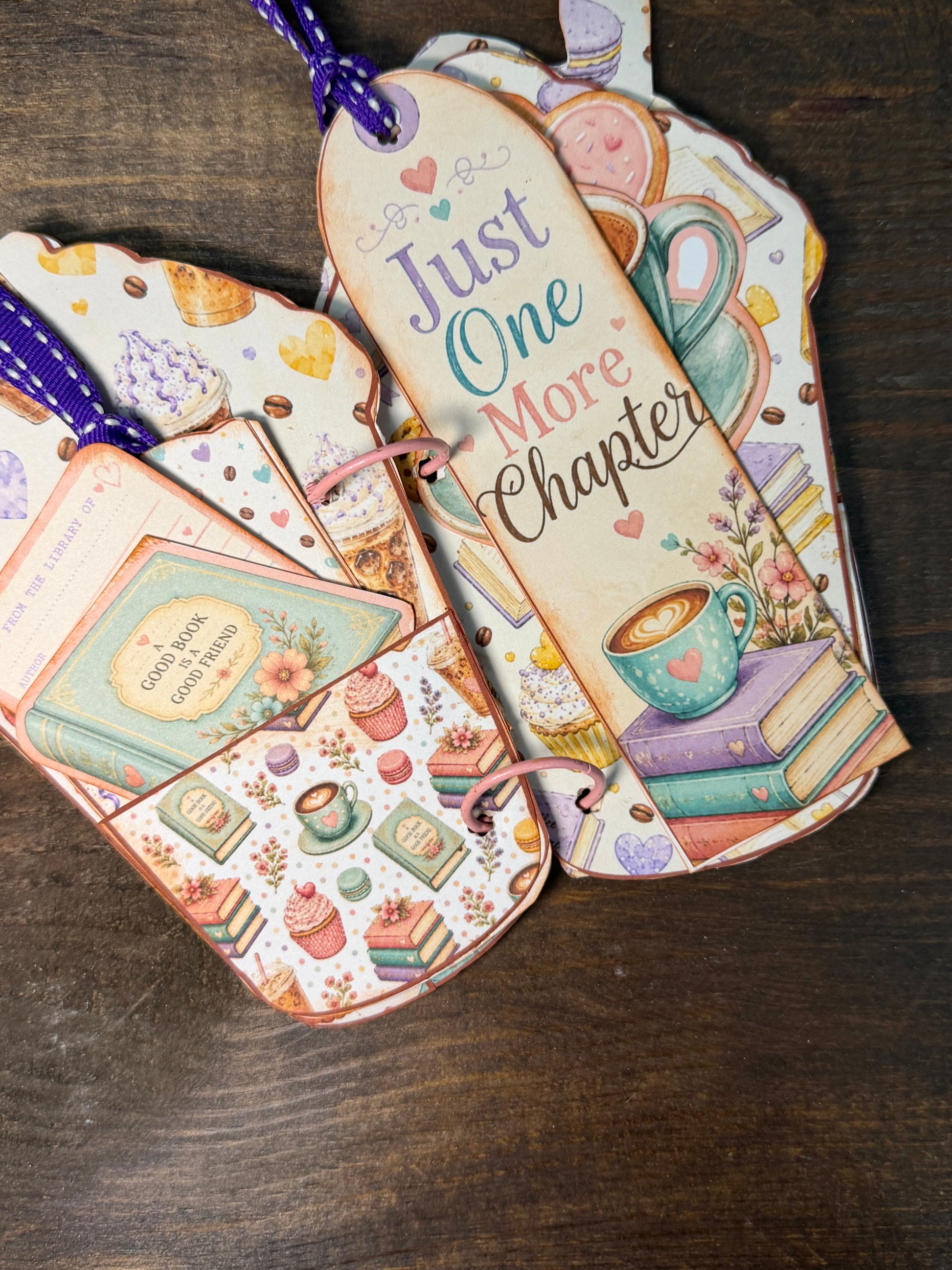 Coffee and Friends journal page featuring Just One More Chapter bookmark and book-themed pocket