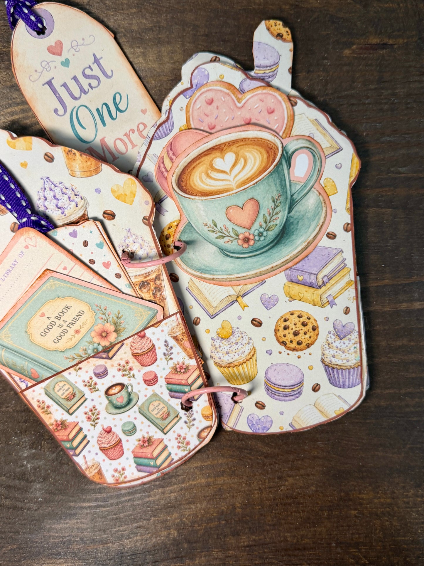 Pastel coffee and book journal pages with pockets and writing tags