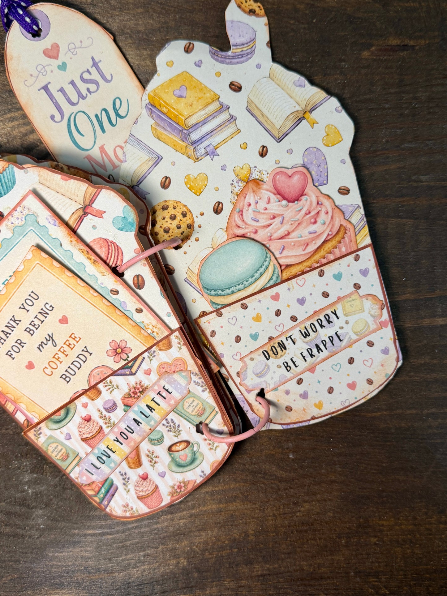 Coffee friendship journal pages with Don’t Worry Be Frappe and coffee buddy sentiments