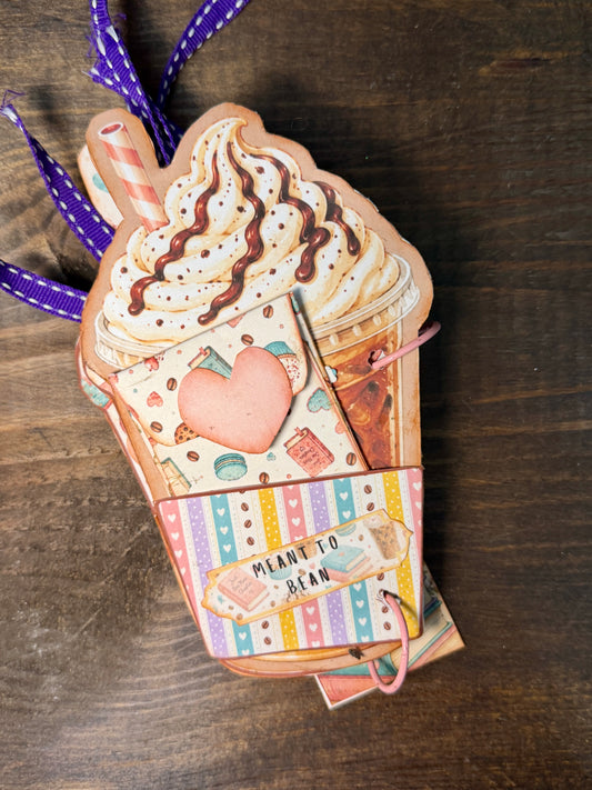 Coffee and Friends iced coffee cup journal with layered pocket, heart tag, and Meant to Bean sentiment
