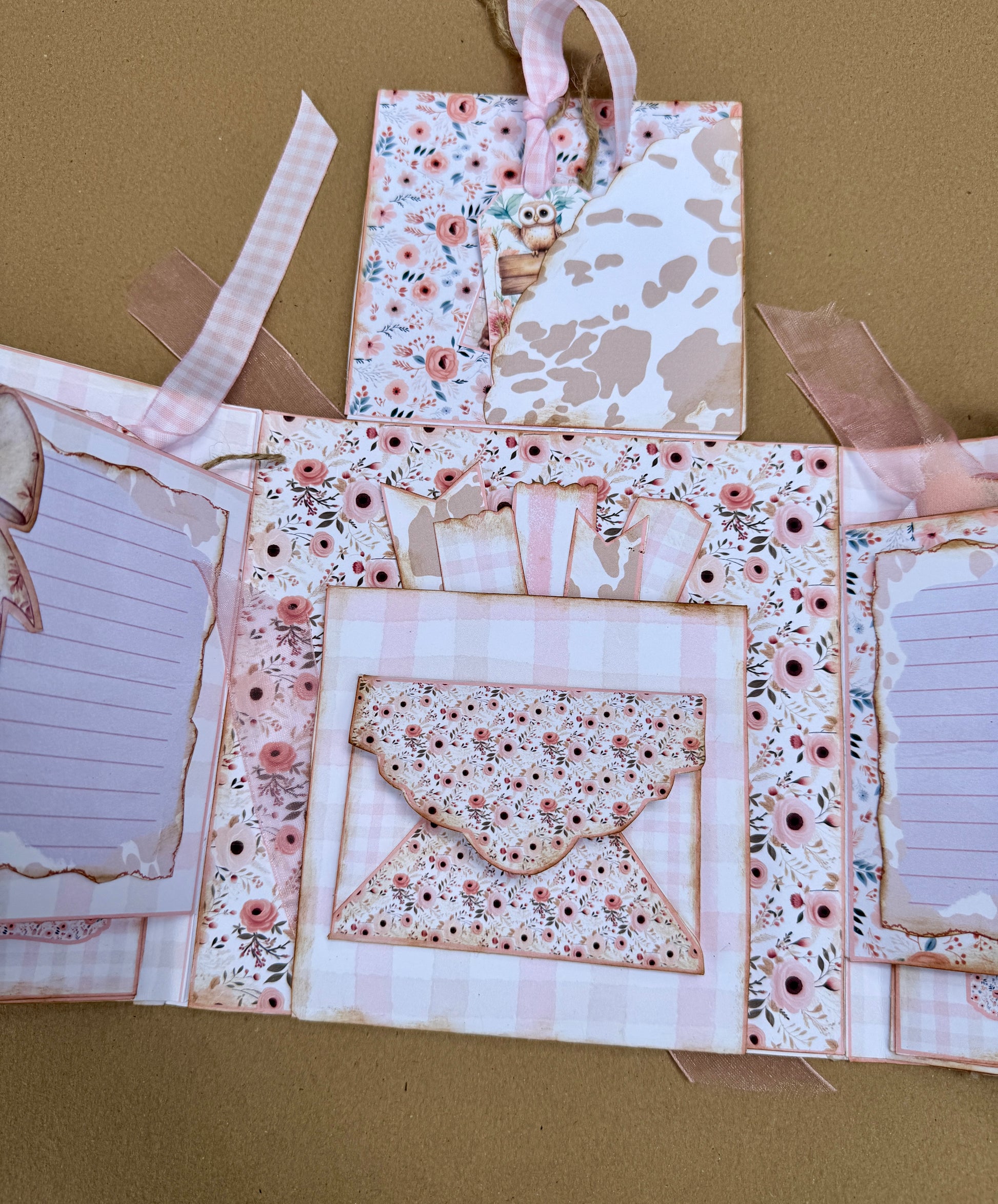 Pink floral junk journal page with envelope pocket, cow-print insert, tags, and owl detail