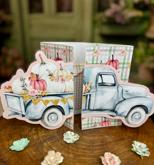 It’s Fall Y’all 3D vintage truck pocket folio with pumpkins, plaid paper, and autumn floral details