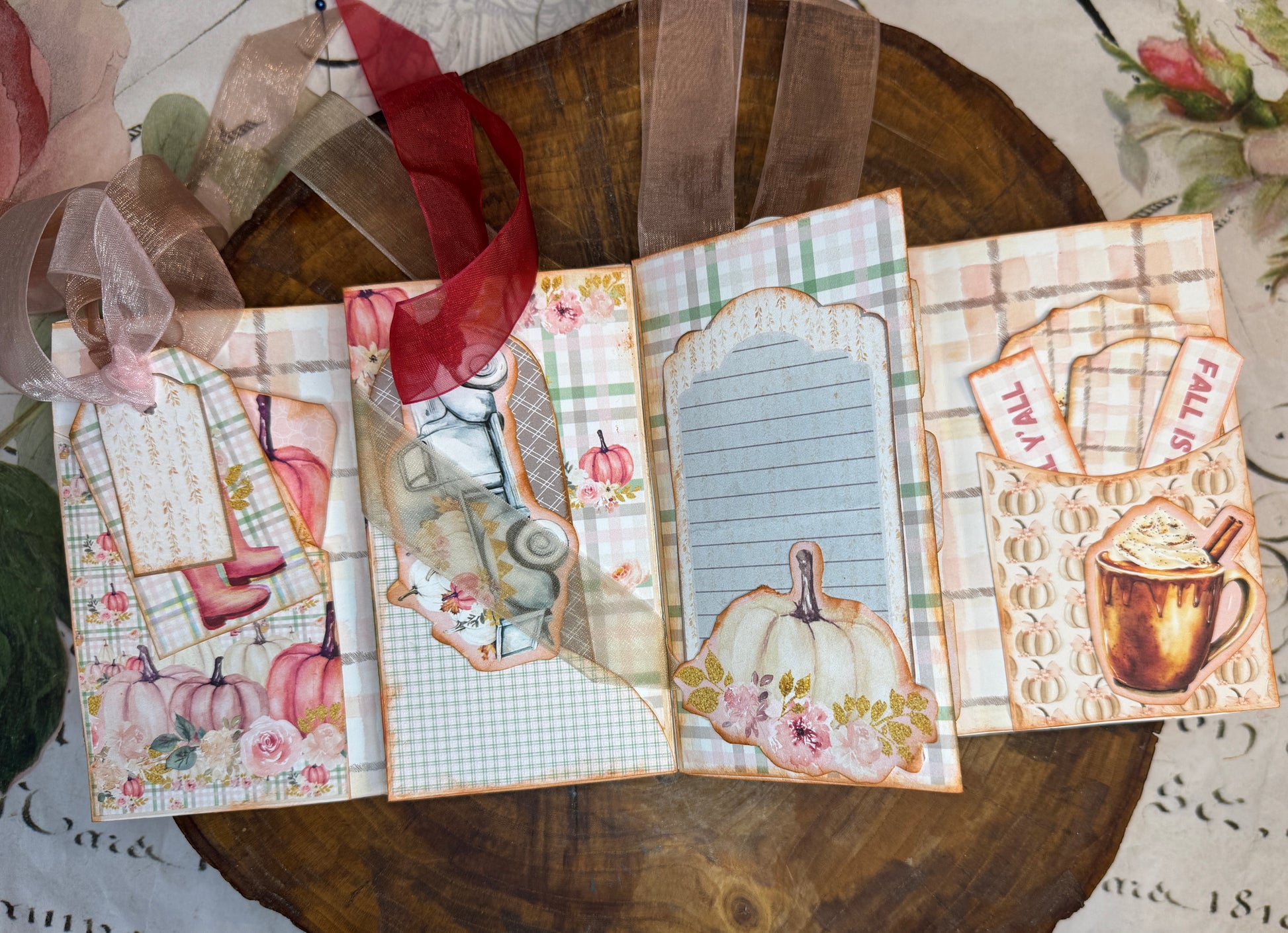 Autumn pocket folio with lined journaling card, pumpkin embellishment, and fall drink pocket