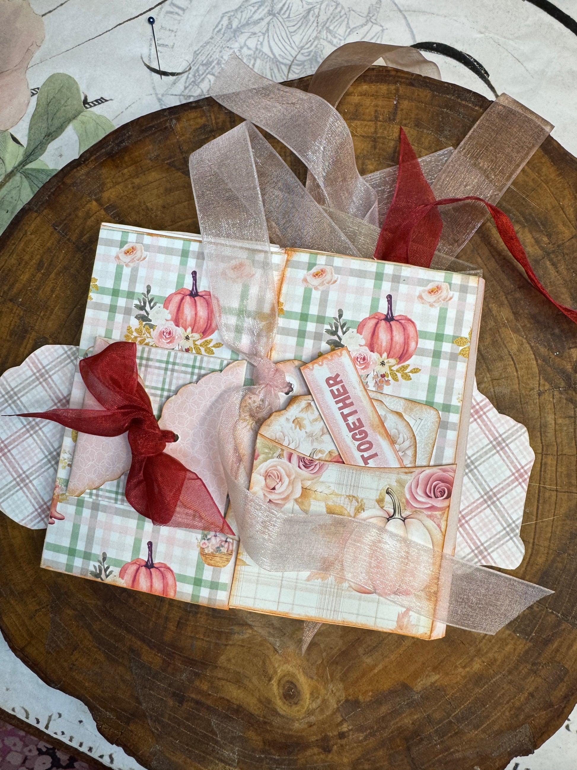 It’s Fall Y’all folio pocket with autumn tags, ribbons, pumpkins, and Together journaling card