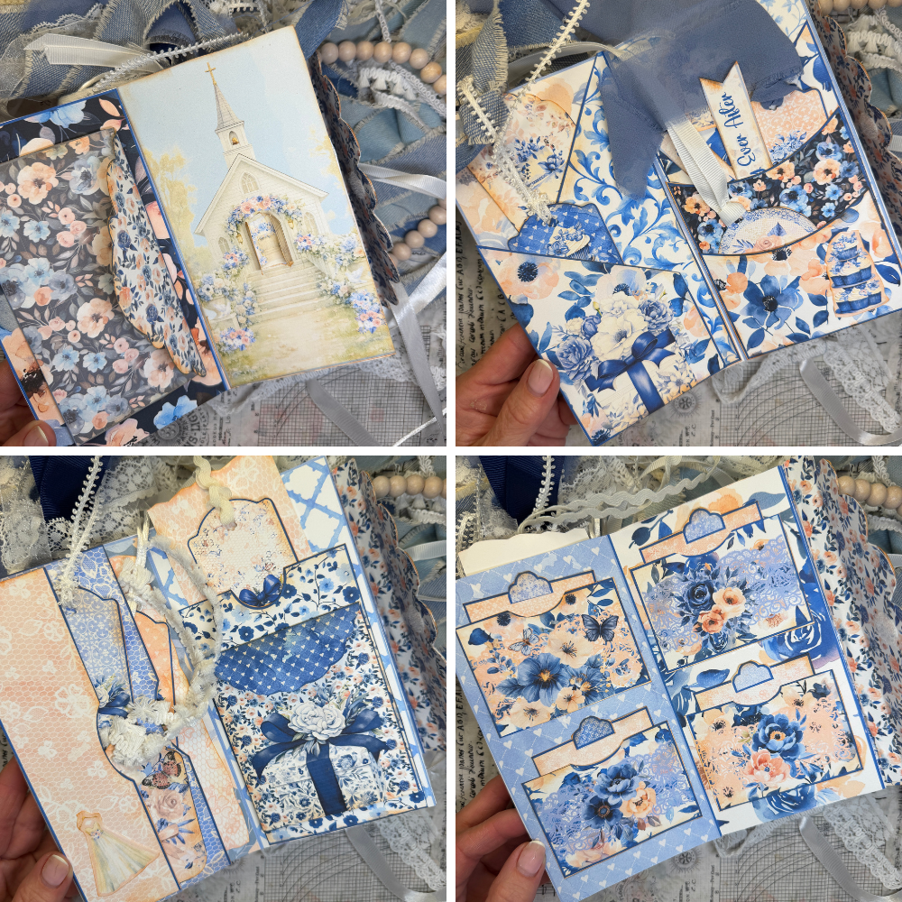Wedding journal interior with church illustration and blue blush floral paper