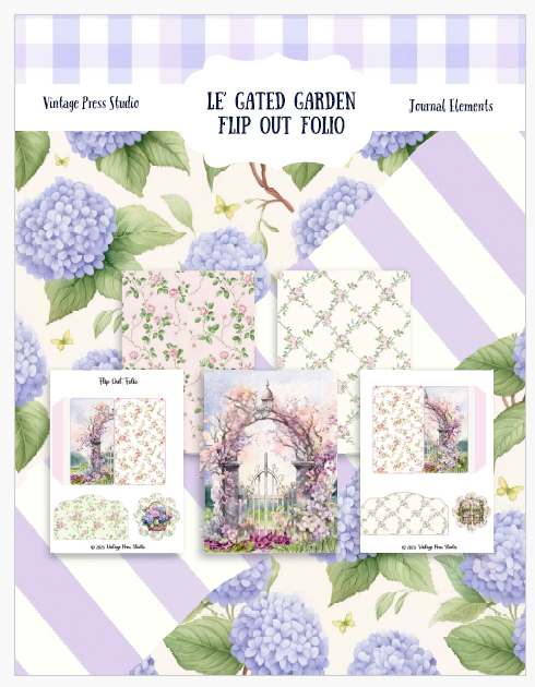 Le’ Gated Garden Flip Out Folio kit cover showing watercolor hydrangeas, lavender gingham header, and preview images of the floral garden-gate journal elements and fold-out folio pages.