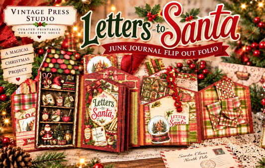 Letters to Santa Junk Journal Flip Out Folio by Vintage Press Studio, shown with layered Christmas pages, tags, plaid pockets, snow globes, Santa imagery, red ribbons, holly, and festive paper craft elements.