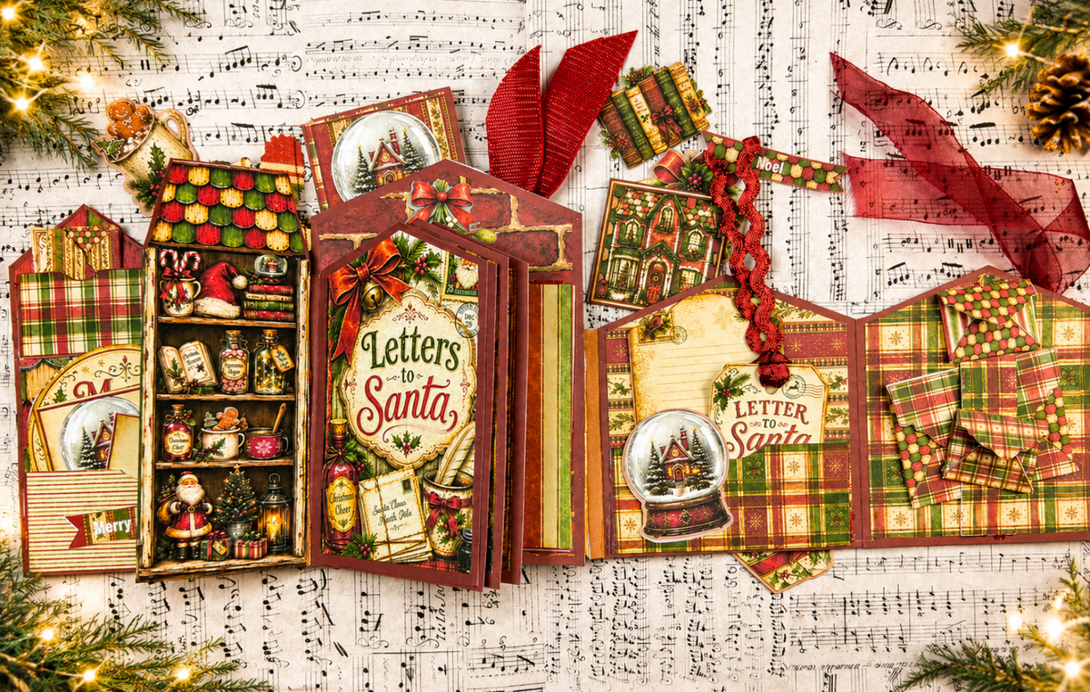 Open Letters to Santa Junk Journal Folio displaying layered flip-outs, Christmas pockets, tags, journaling cards, plaid envelopes, vintage Santa imagery, snow globe accents, ribbons, and interactive paper elements.