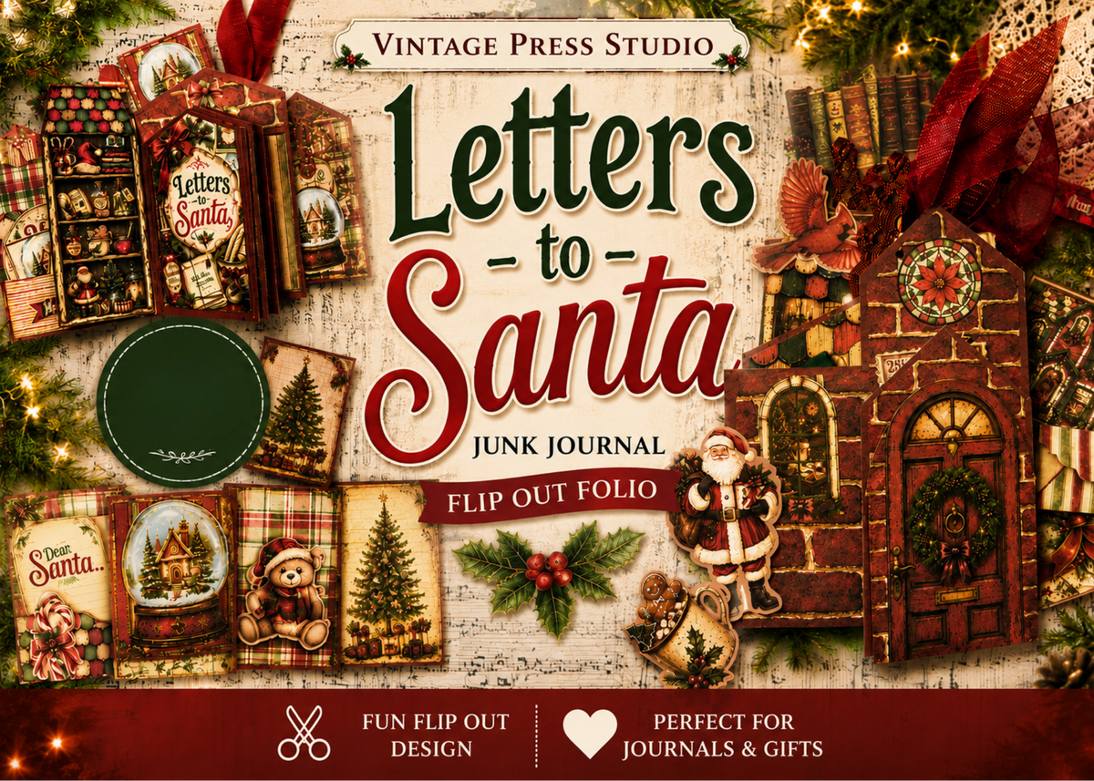 Letters to Santa Junk Journal Flip Out Folio collection featuring the finished Christmas folio, brick house cover, Santa, snow globes, plaid journaling cards, holiday pockets, ephemera, and coordinating paper craft pieces.