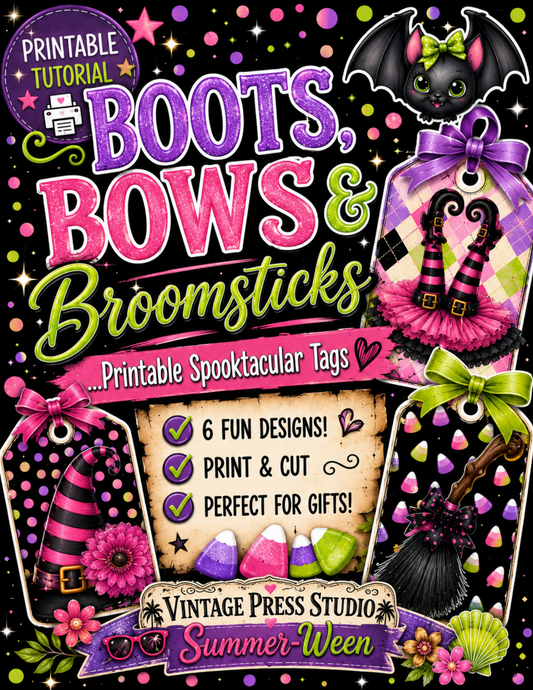 Boots Bows & Broomsticks Halloween paper craft kit with six tag designs, witch hats, boots, bows, broomsticks, and beginner-friendly tutorial