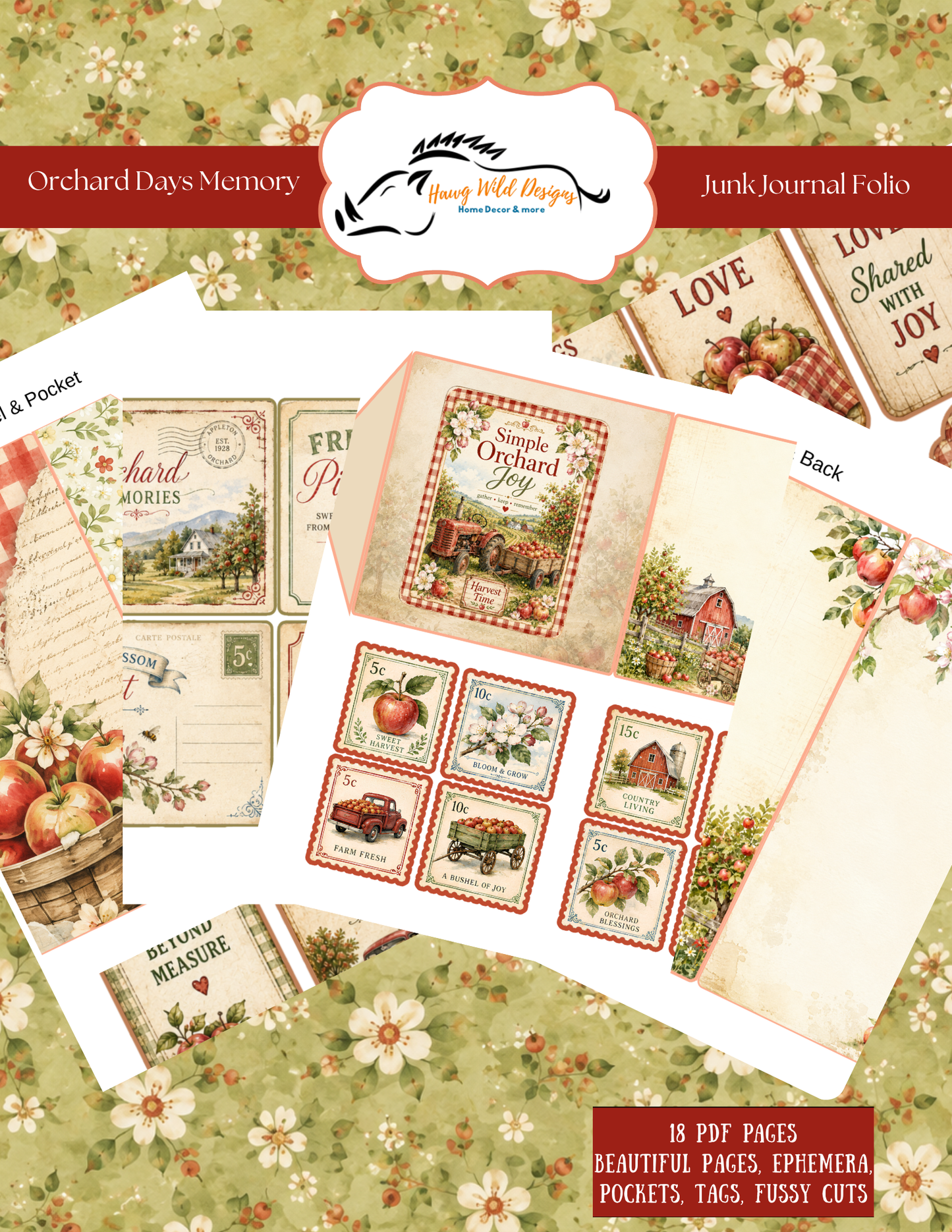 Orchard Days Memory Junk Journal Folio printable kit featuring 18 pages of vintage apple journal pages, pockets, tags, ephemera and fussy-cut elements.