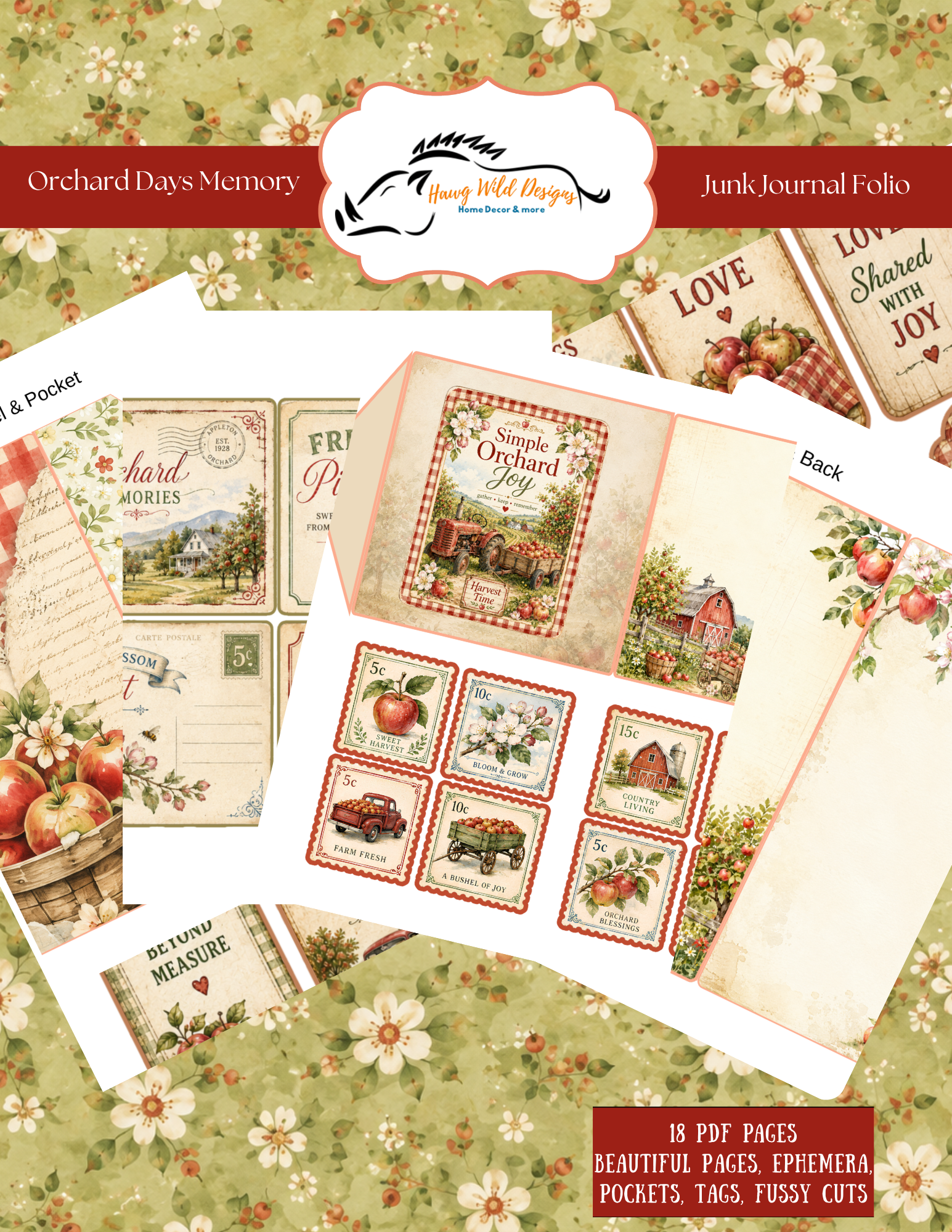 Orchard Days Memory Junk Journal Folio printable kit featuring 18 pages of vintage apple journal pages, pockets, tags, ephemera and fussy-cut elements.