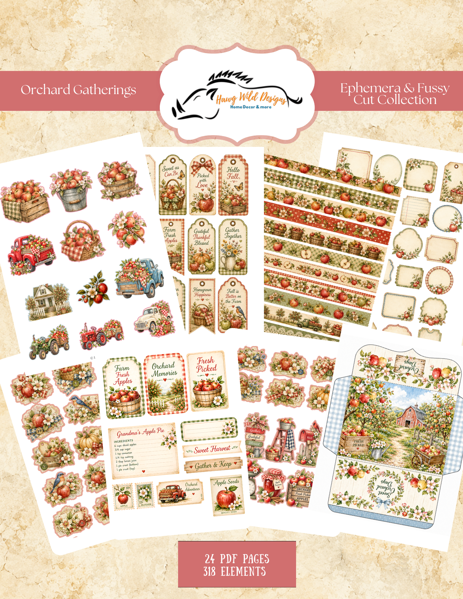 Orchard Gatherings printable ephemera and fussy cut collection featuring apple tags, journal cards, labels, decorative borders, florals and vintage orchard elements.
