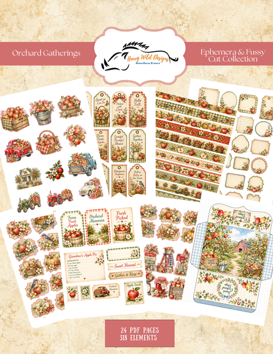 Orchard Gatherings printable ephemera and fussy cut collection featuring apple tags, journal cards, labels, decorative borders, florals and vintage orchard elements.