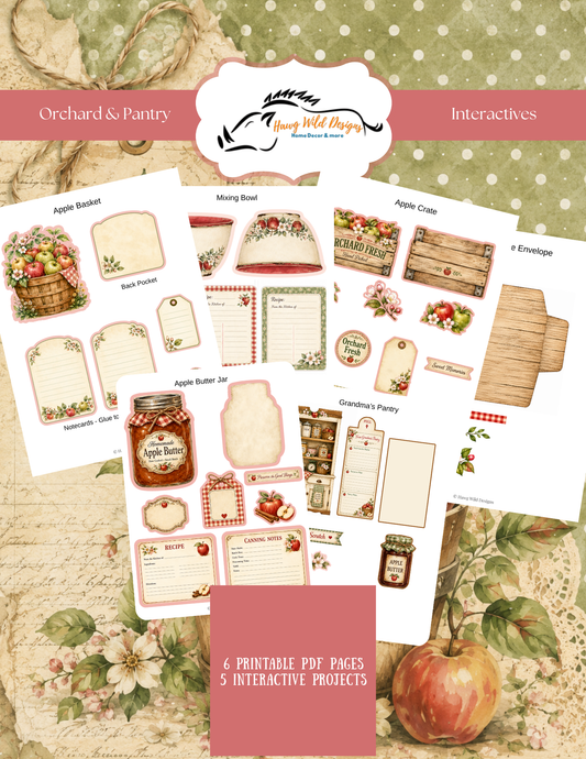 Orchard and Pantry Interactives printable junk journal kit featuring five apple and vintage pantry interactive paper craft projects on six PDF pages.