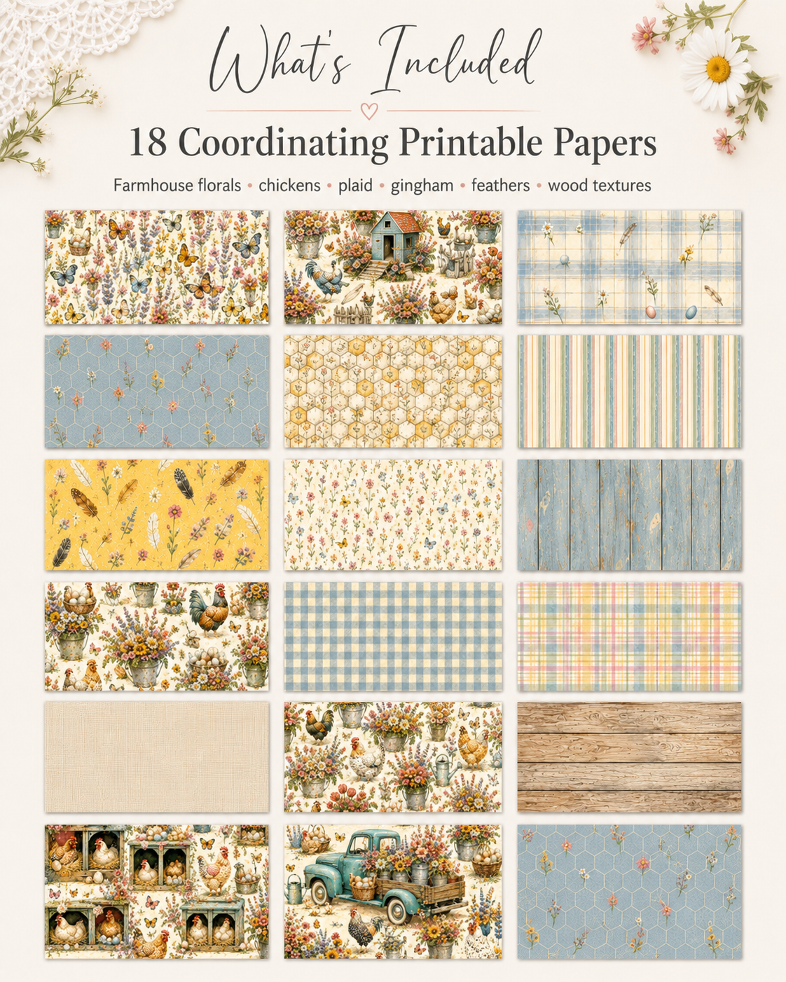 18 coordinating Country Blooms and Happy Hens printable papers featuring farmhouse florals, chickens, plaid, gingham, feathers, and wood textures.